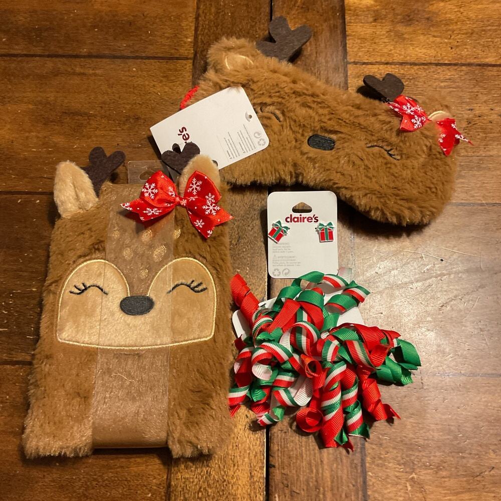 CLAIRE'S Furry Reindeer Lined Notebook Journal Diary Xmas eye cover Earrings Now
